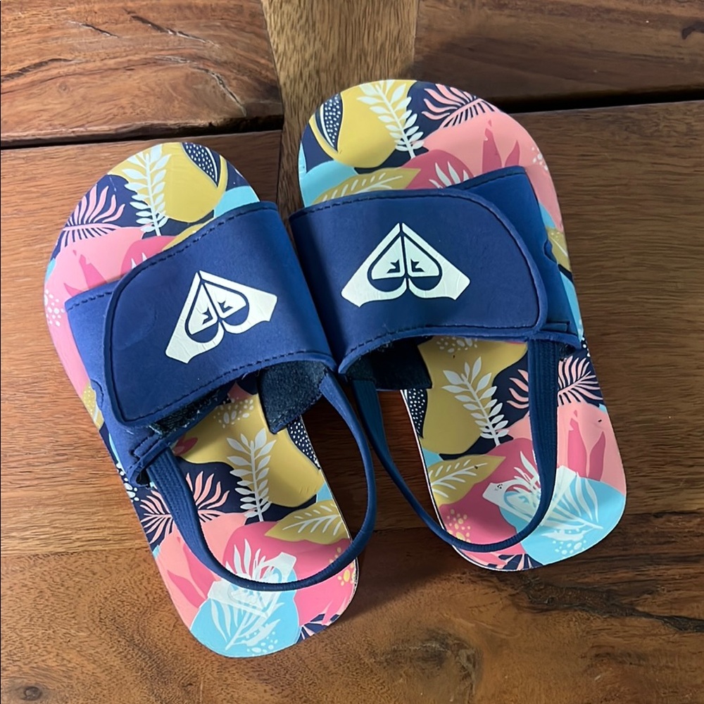 Roxy Blue and Pink Slide Sandals with Tropical Print